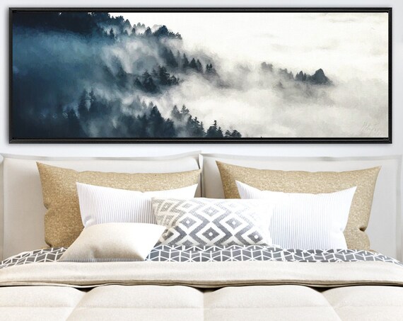 Foggy Forest Mountain Oil Landscape Painting - Ready To Hang Large Panoramic Wrapped Canvas Wall Art Prints With Or Without Floating Frames.