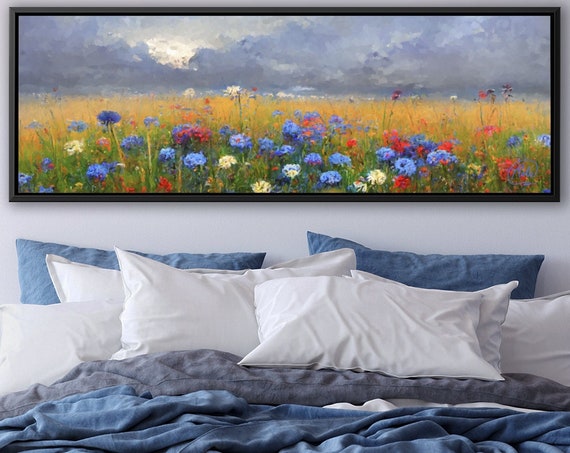 Cornflowers Meadow Wall Art, Oil Landscape Painting On Canvas by Mela - Large Wrapped Canvas Wall Art Prints With Or Without Floating Frames
