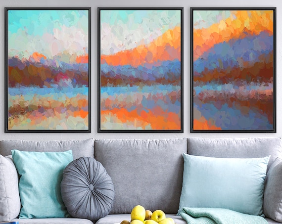 Misty mountain forest, large oil landscape painting on canvas - set of 3 gallery wrap canvas wall art prints with or without floater frames.