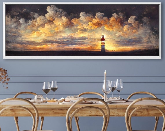 Sunset Lighthouse In Clouds, Oil Landscape Painting On Canvas - Large Gallery Wrapped Canvas Wall Art Prints With Or Without Floating Frames