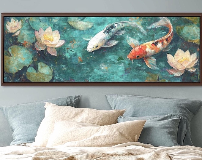 Koi Fish and Lotus Teal Wall Art: Zen Wabi Sabi Japandi Decor