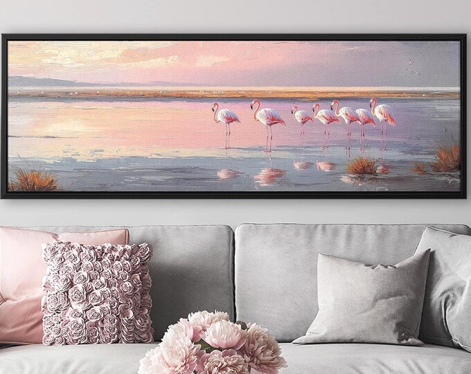 Pink Flamingo Landscape Canvas - Moody Beach Wall Art for Above Bed Decor