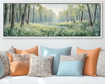 Lily Of The Valley In The Forest: Aesthetic Sage Green Wall Art, Floral Panoramic Canvas Print. Botanical Wall Art On Canvas.