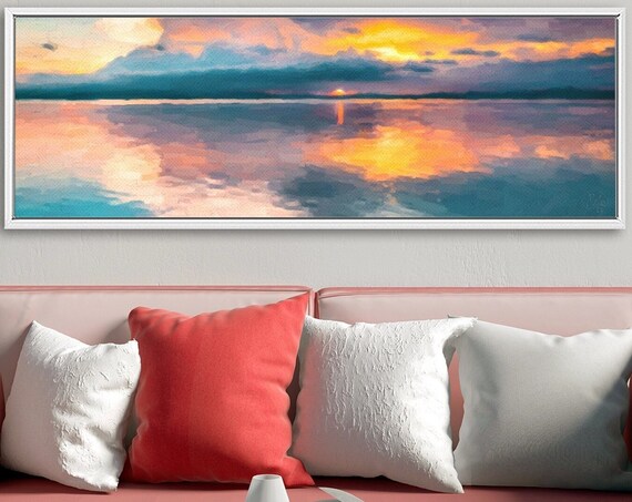 Sunset Mirror Lake Art, Impressionist Oil Landscape Painting - Large Gallery Wrapped Canvas Wall Art Prints With Or Without Floating Frames