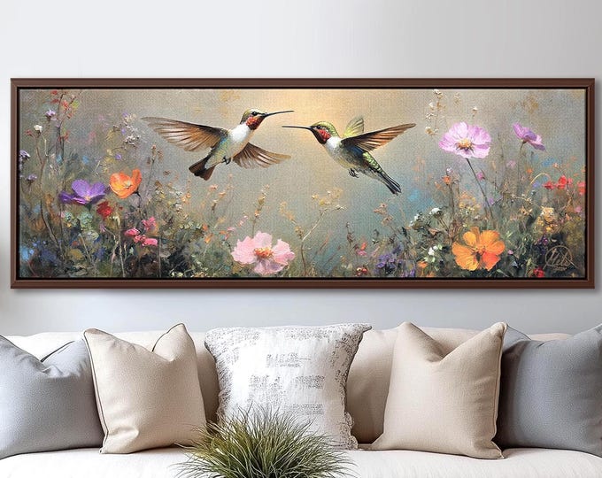 Hummingbirds over Wildflowers – Colorful Panoramic Canvas Wall Art Print