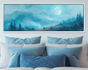 Moon Over Foggy Blue Mountain: Moody Wall Art For Above Bed Decor. Dark Cottagecore Forest Oil Paining On Canvas, Celestial Framed Art Print