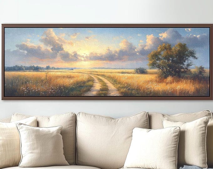 Moody Meadow Path at Sunset - Panoramic Landscape Canvas. Long Narrow Nature Wall Art