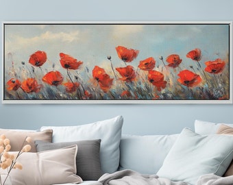 Wildblumenwiese mit roten Mohnblumen - Bunte Panorama-Leinwand
