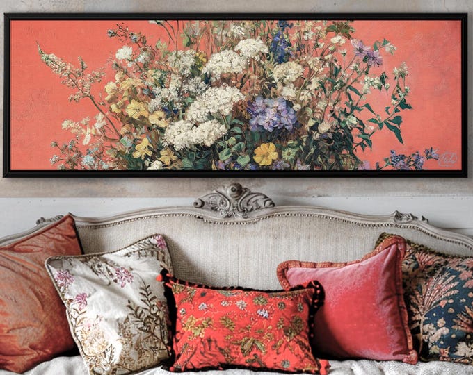 Wildflower Bouquet Canvas Print: Vintage Coral Floral Still Life