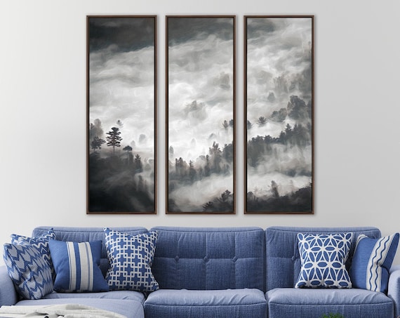 Foggy mountain forest triptych, oil painting on canvas - set of 3 ready to hang large canvas wall art prints with or without floating frames