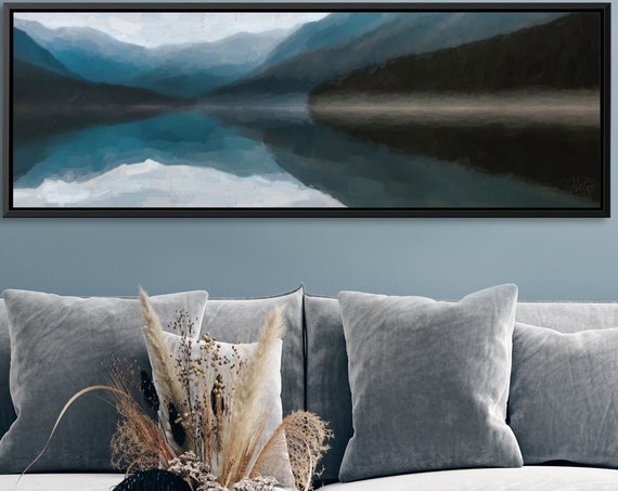 Mountain Lake Mirror Landscape, Oil Painting On Canvas by Mela - Large Gallery Wrapped Canvas Wall Art Prints With / Without Floating Frames