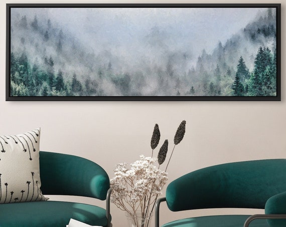 Foggy Mountain Forest, Oil Landscape Painting On Canvas - Ready To Hang Large Panoramic Canvas Wall Art Prints With Or Without Floater Frame