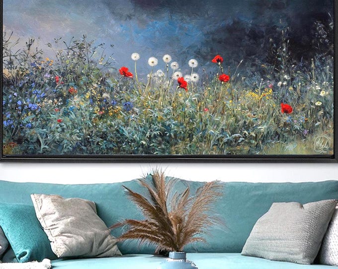 Wildflower Meadow Canvas Print: Moody Floral Landscape Framed Art