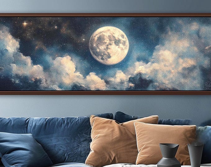 Giant Moon Night Landscape Canvas Art: Starry Night Sky with Delicate Clouds