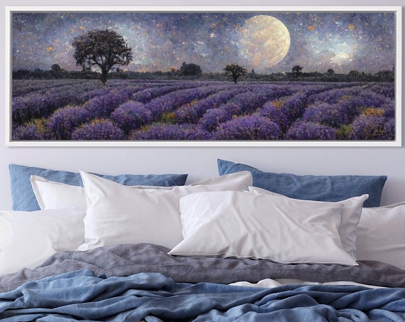 Lavender Fields At Starry Night Art, Oil Landscape Painting On Canvas By Mela - Large Canvas Wall Art Prints With Or Without Floating Frames