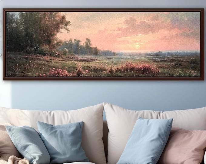 Sunrise Meadow Canvas – Romantic Golden Hour Panoramic Landscape Wall Art