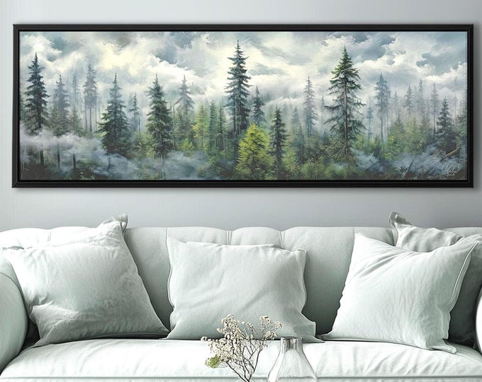 Misty Pine Forest Canvas Print: Sage Green Alaska Woodland Panoramic Wall Art