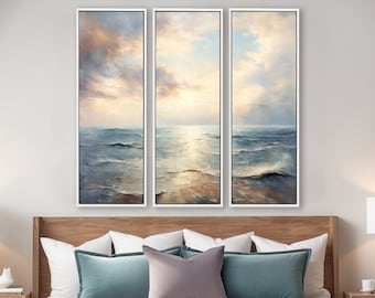 Gallery Wall Set Of 3 Prints With Ocean Wall Art, Realistic And Serene Seascape Oil Paintings Printed on Canvas With/Without Floating Frames