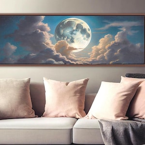 Cuadro Prado Nocturno con Luna – Lienzo Paisaje de Noche, Campo de Luciérnagas, Decoración Natural