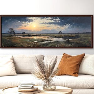 Sunset Meadow Canvas – Panoramic River Landscape Wall Art with Stormy Sky