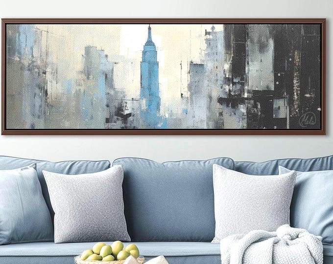 Empire State Building Canvas – Abstract Gray and Blue City Wall Art Print