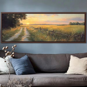 Sunset Meadow Path Wall Art – Panoramic Landscape Canvas Print, Framed Rustic Nature Painting, Housewarming Gift, Country Wall Decor