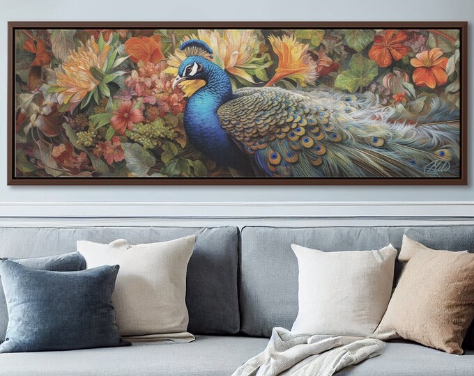 Royal Peacock: Panoramic Canvas Print for Minimalist Interiors