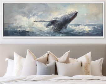 Humpback Whale Wall Art, Oil Painting On Canvas By Mela - Large Panoramic Gallery Wrapped Canvas Wall Art Prints With/Without Floating Frame