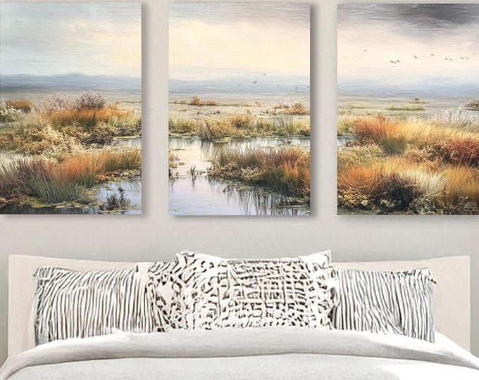 Backwater Landscape Canvas Print Set: Cloudy Sky Triptych, Framed Option