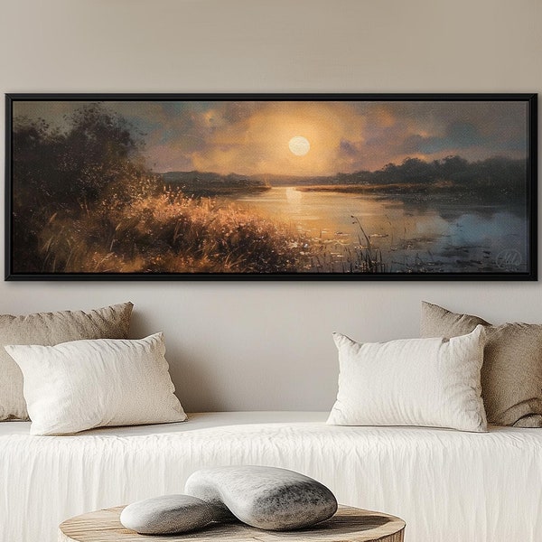 パノラマの霧の湖の夕日のキャンバスプリント：銅色のオレンジ色のすぐに掛けられる壁アート
