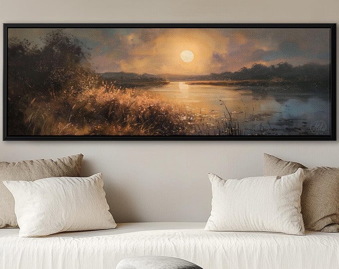 Panoramic Misty Lake Sunset Canvas Print: Copper-Orange Ready to Hang Wall Art