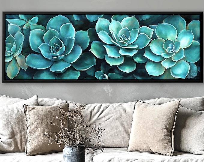 Teal Succulents Wall Art – Panoramic Botanical Canvas Print for Living Room