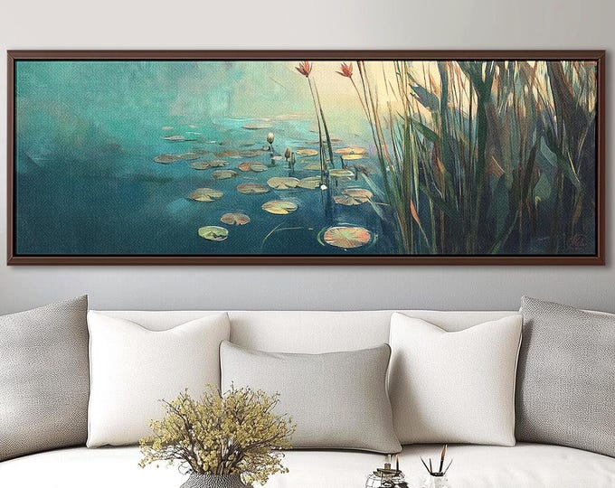 Teal Lily Pond Canvas Print: Panoramic Water Lily Landscape