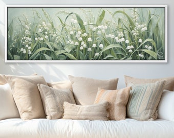 Lily Of The Valley: Botanical Wall Art Oil Painting On Canvas, Above Bed Art, Aesthetic Sage Green Wall Art Floral Panoramic Canvas Print