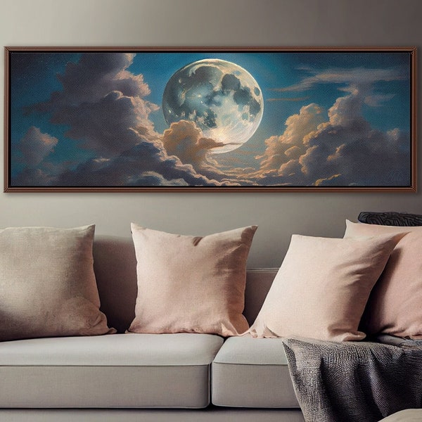 Moon, Night Sky Celestial Art, Oil Painting On Canvas By Mela - Large Gallery Wrapped Canvas Wall Art Prints With / Without Floating Frames.