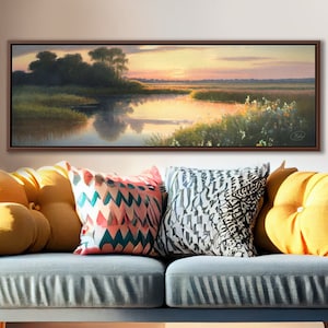 Meadow Pond Sunset Wall Art, Oil Landscape Painting On Canvas By Mela - Large Gallery Wrapped Canvas Art Prints With/Without Floating Frames