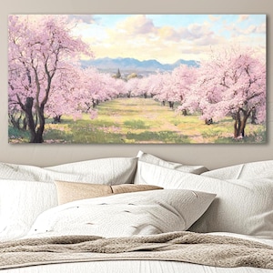 Cherry Blossom Japanese Landscape Canvas Print: Pink Floral Framed Wall Art
