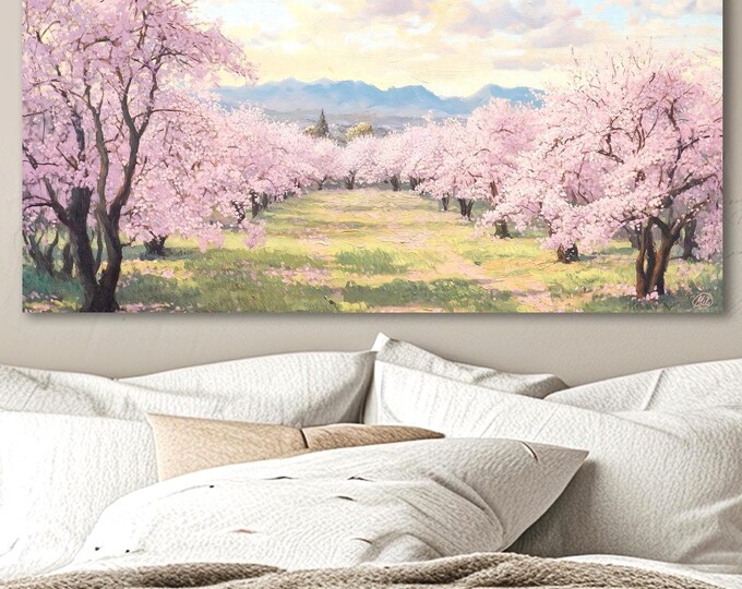 Cherry Blossom Japanese Landscape Canvas Print: Pink Floral Framed Wall Art