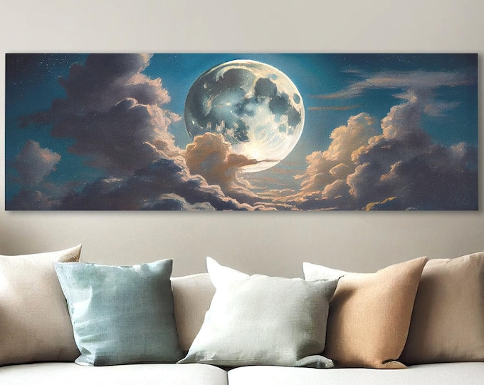Full Moon Night Sky Panoramic Canvas Print: Moody Dark Academia Wall Art
