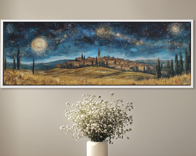 Tuscan Hill Town Panoramic Canvas Print - Van Gogh Inspired Painting for Home Decor