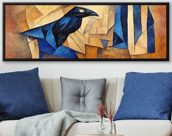 Raven Wall Art, Cubist Oil Painting On Canvas By Mela - Ready To Hang Large Wrapped Canvas Wall Art Prints With Or Without Floating Frames