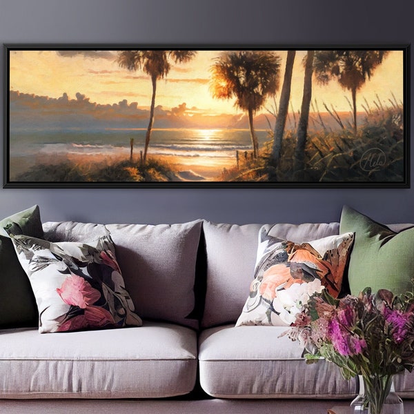 Palm Beach Sunrise Landscape, Oil Painting On Canvas by Mela - Large Gallery Wrapped Canvas Wall Art Prints With Or Without Floating Frames