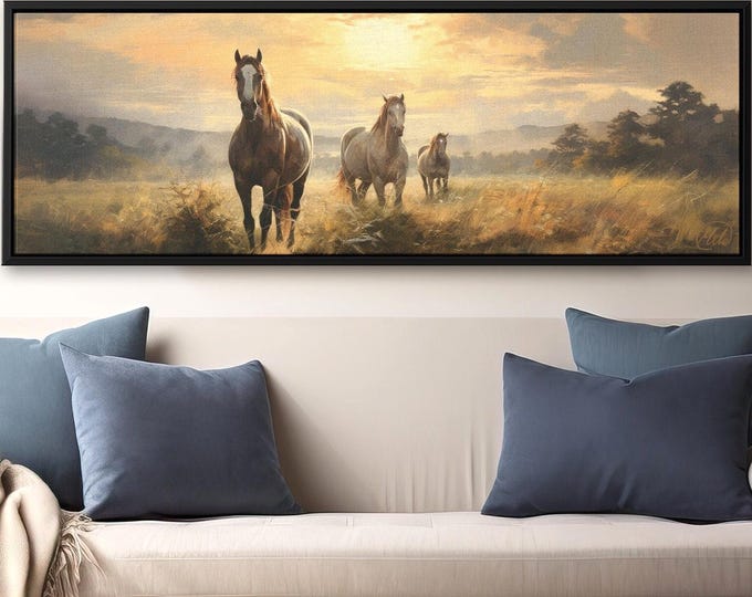 Horses in Meadow Sunrise: Large Panoramic Canvas Art Print