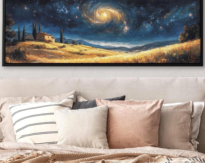 Tuscan Night Sky Canvas – Panoramic Landscape Painting Inspired by Van Gogh