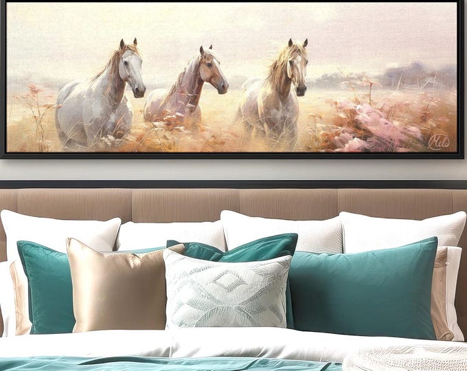 Horses on the foggy meadow. Landscape printed on canvas created by Mela - Large wall art