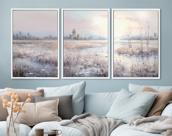 3 Piece Wall Art Landscape Painting With Field Of Wildflowers In A Cloudy Day, Gallery Wall Set, Large Wall Art, Canvas Paintings Art Prints