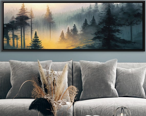 Foggy Mountain Forest Art, Oil Landscape Painting On Canvas by Mela - Large Panoramic Canvas Wall Art Prints With Or Without Floating Frames