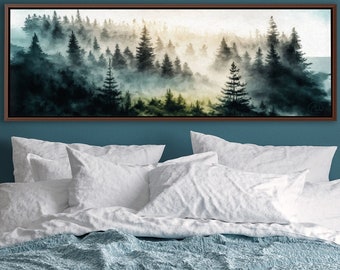 Foggy Mountain Forest Wall Art, Oil Landscape Painting On Canvas by Mela - Large Panoramic Canvas Wall Art Print With/Without Floating Frame