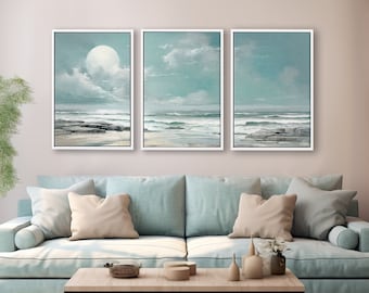 Ocean And Moon Triptych Teal Wall Art, Beach Oil Painting On Canvas By Mela- Set Of 3 Large Canvas Art Prints With/Without Floating Frames.