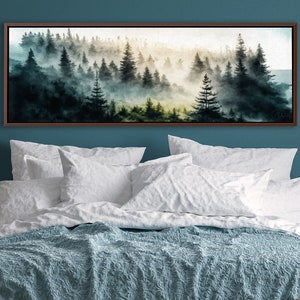 Foggy Mountain Forest Wall Art, Oil Landscape Painting On Canvas by Mela - Large Panoramic Canvas Wall Art Print With/Without Floating Frame